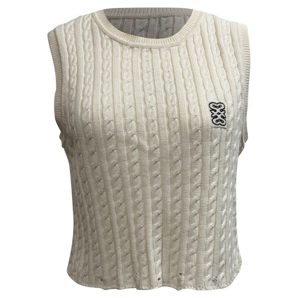 Sandro Logo-Embroidered Cable-Knit Top in White Cotton